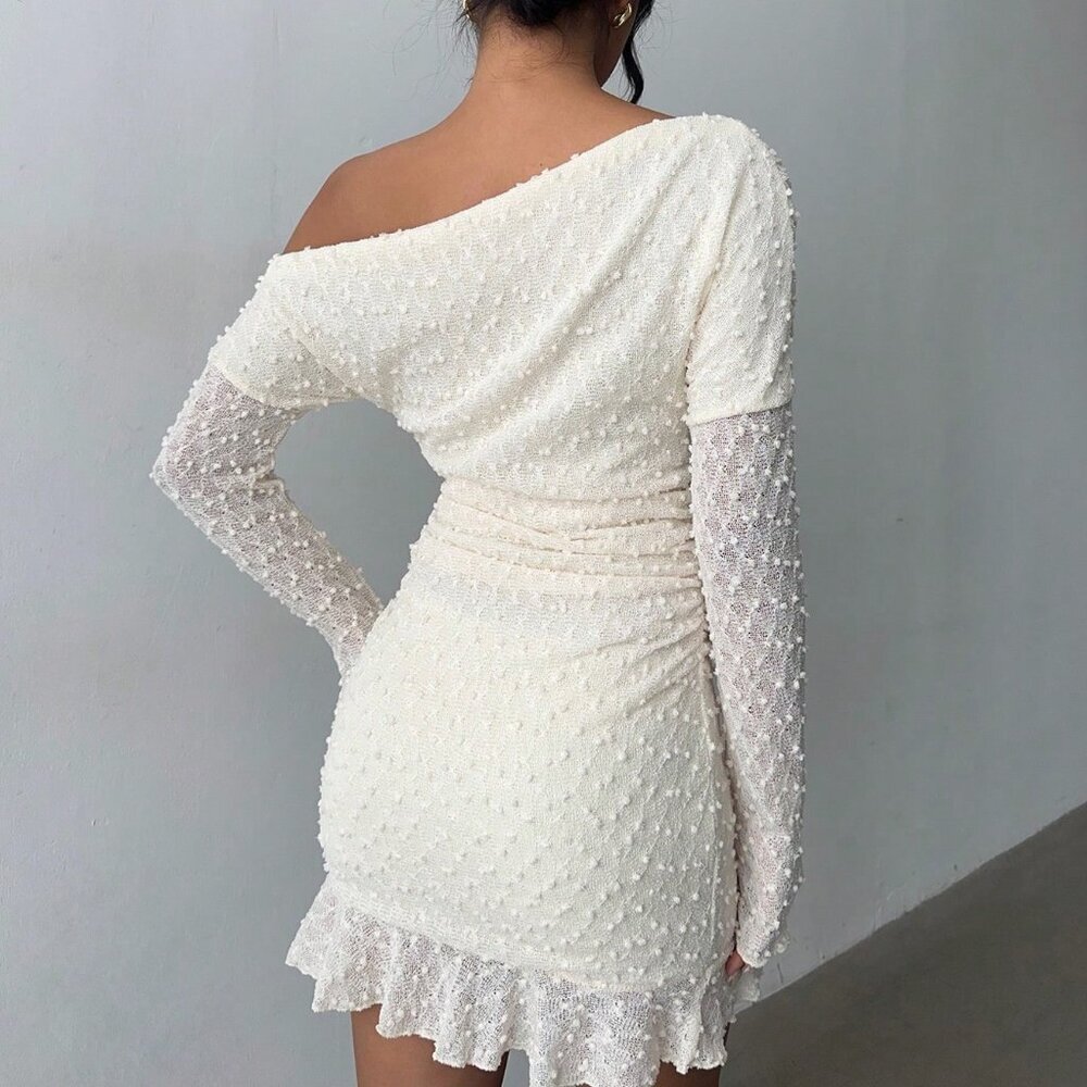 Apricot Elegant Women's Sexy Shoulder Long Sleeve Mini Bodycon Dress - Picture 3 of 7
